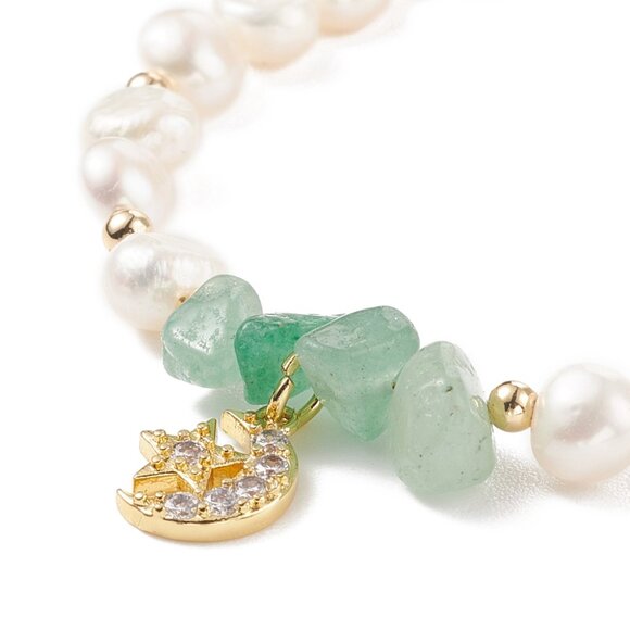 NWOT  Natural Green Aventurine Gem & Pearl Beaded Bracelet, CZ Moon star Charm - Picture 3 of 5